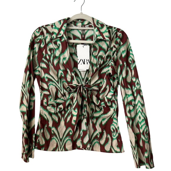 ZARA The Selena Blouse Long Sleeves Green Cotton Small BNWT - Picture 3 of 7